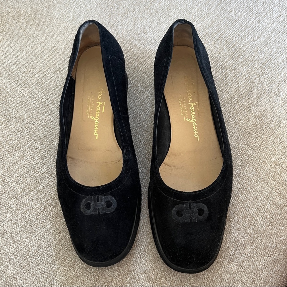Salvatore Ferragamo Black Suede Logo Round-Toe Flats